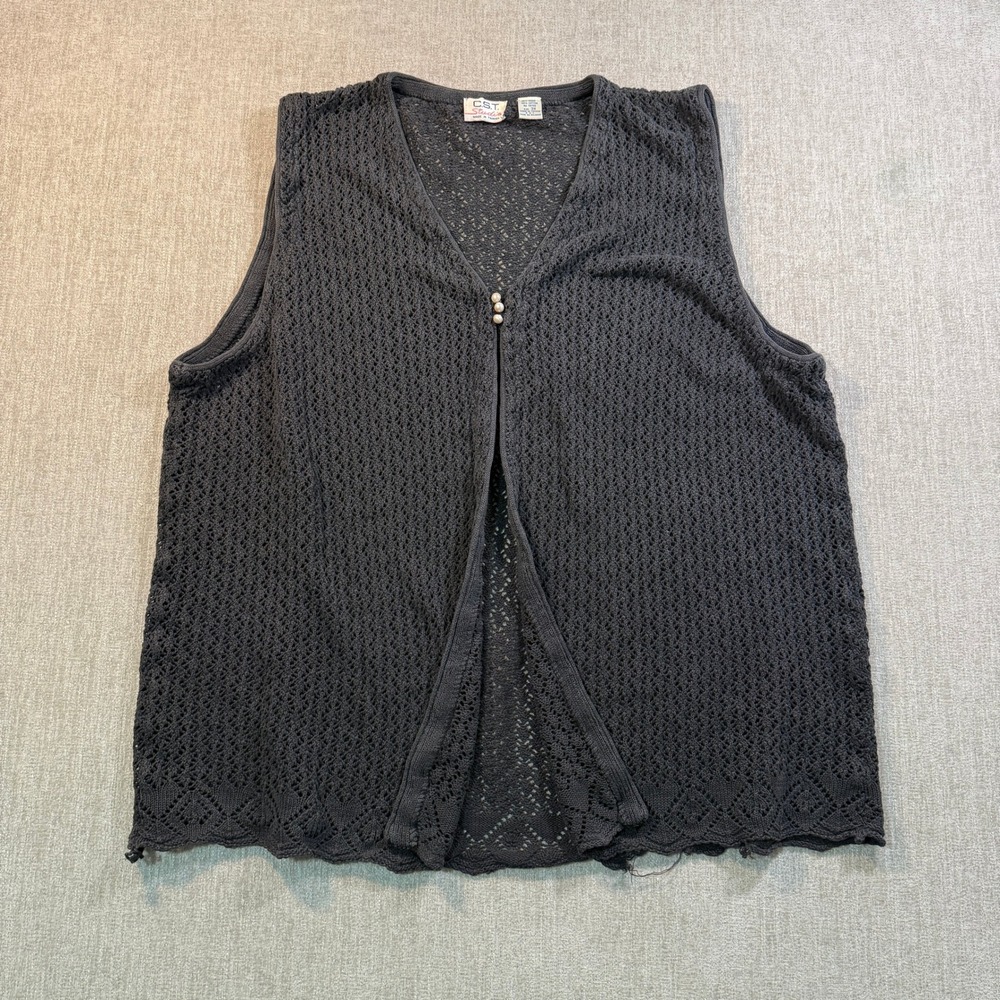 CST Studio Vintage Crochet Knit Vest Charcoal Grey Plus Size 3X Ramie Cotton